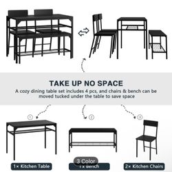 QA Dining Table Set for 4, Kitchen Table Set with Bench And Chairs, 4pcs Dining Room Table And Chairs Set with Storage Rack & Metal Frame for Small Sp