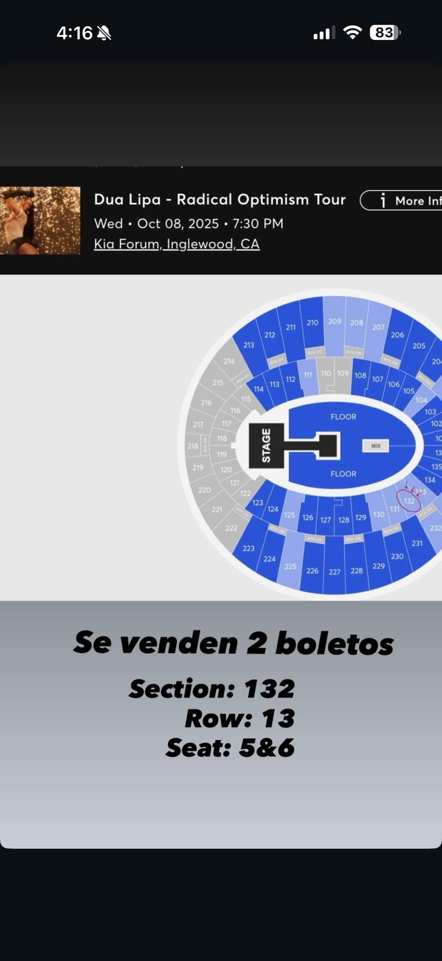 Selling 2 Dua lipa Concert Tickets for 10/08/25