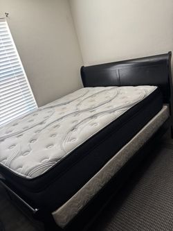 Queen bed frame, box spring and mattress