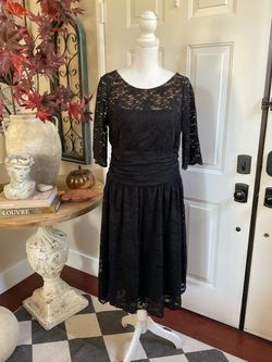 Kiyonna Black Floral Lace Midi Dress with 3/4 Sleeves and Ruched Waist Size 1X