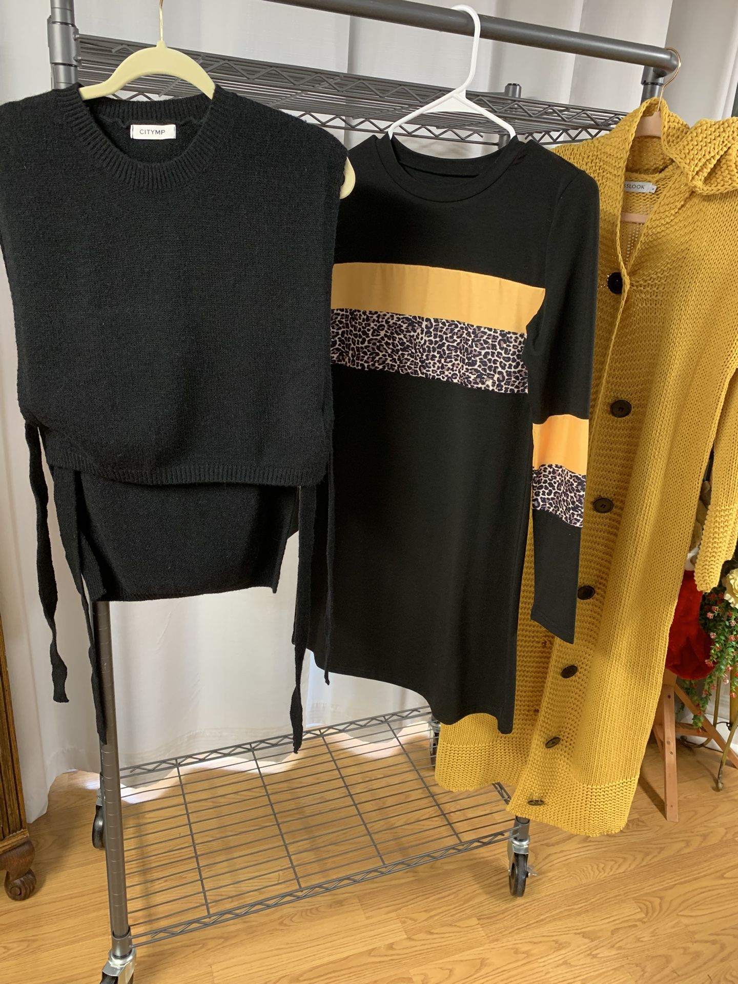 Black Gold And Leopard Knit Sweater, Vest And Dress