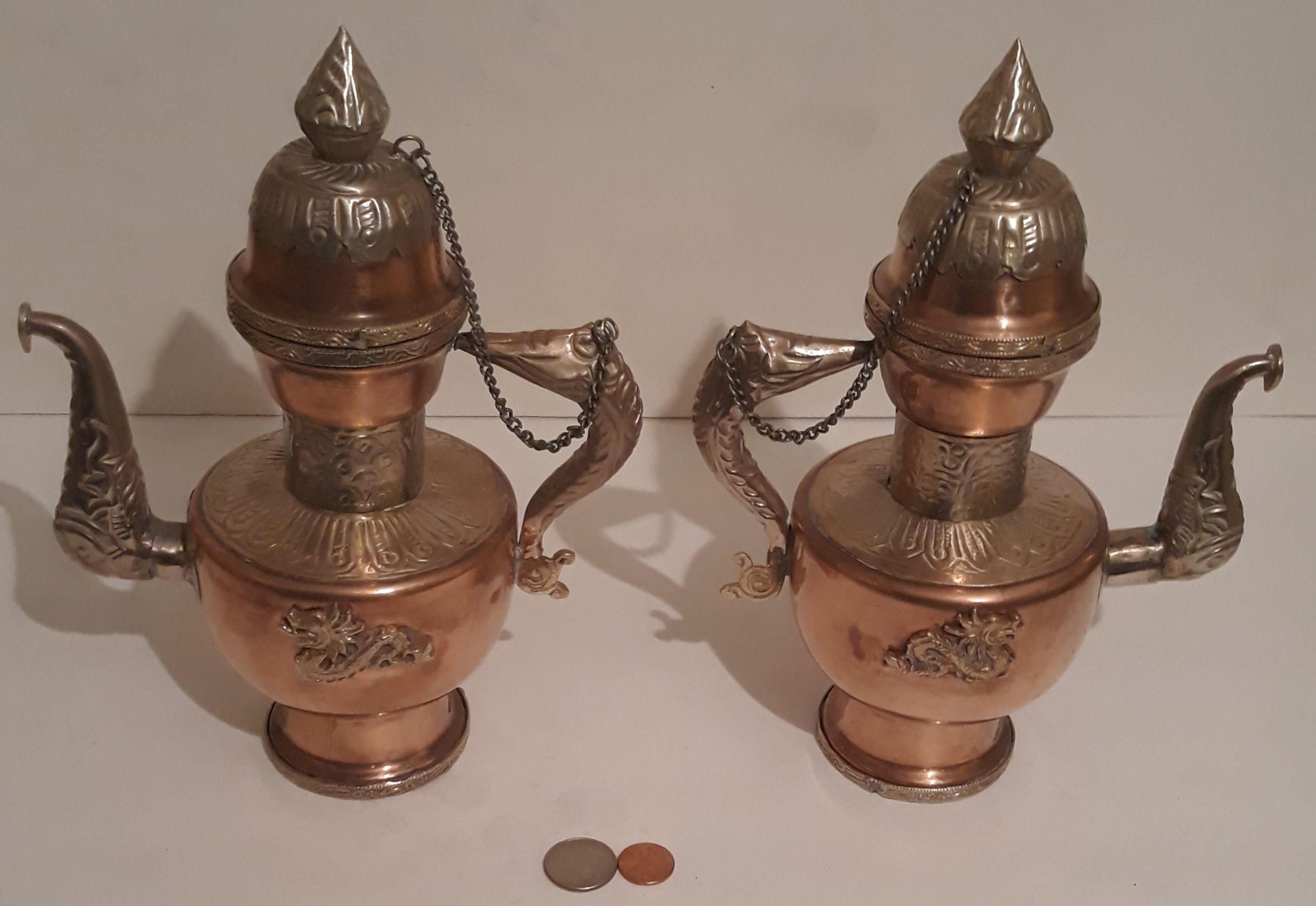 Vintage Set of 2 Metal Copper, Brass and Silver Tea Pots Set, 10" Tall, Dragons, Kitchen Decor, Table Decor, Shelf Display