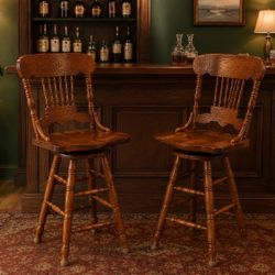 Pair of Solid Oak Swivel Bar Stools – Carved Back Country Style  $150
