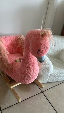 Pink Plush Rocking flamingo chair and Pottery Barn seat chair