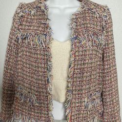Zara Rainbow Tweed Fringe Open Front Blazer Size S