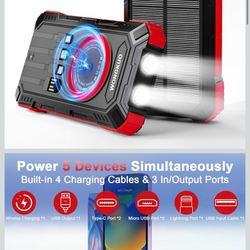 New In Box! Solar Charger Power Bank - 49800mAh Solar Phone Charger with USB-C in/Output, QC 3.0 Fast Charging with LED Flashlight, Built-in 4 Cables,