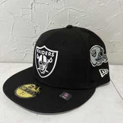 NFL New Era Las Vegas Raiders Black Helmet AFC And Super Bowl Patch 59fifty Fitted Hat Size 7 3/8
