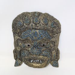 19th Century Nepalese Copper & Turquoise Mahakala Mask