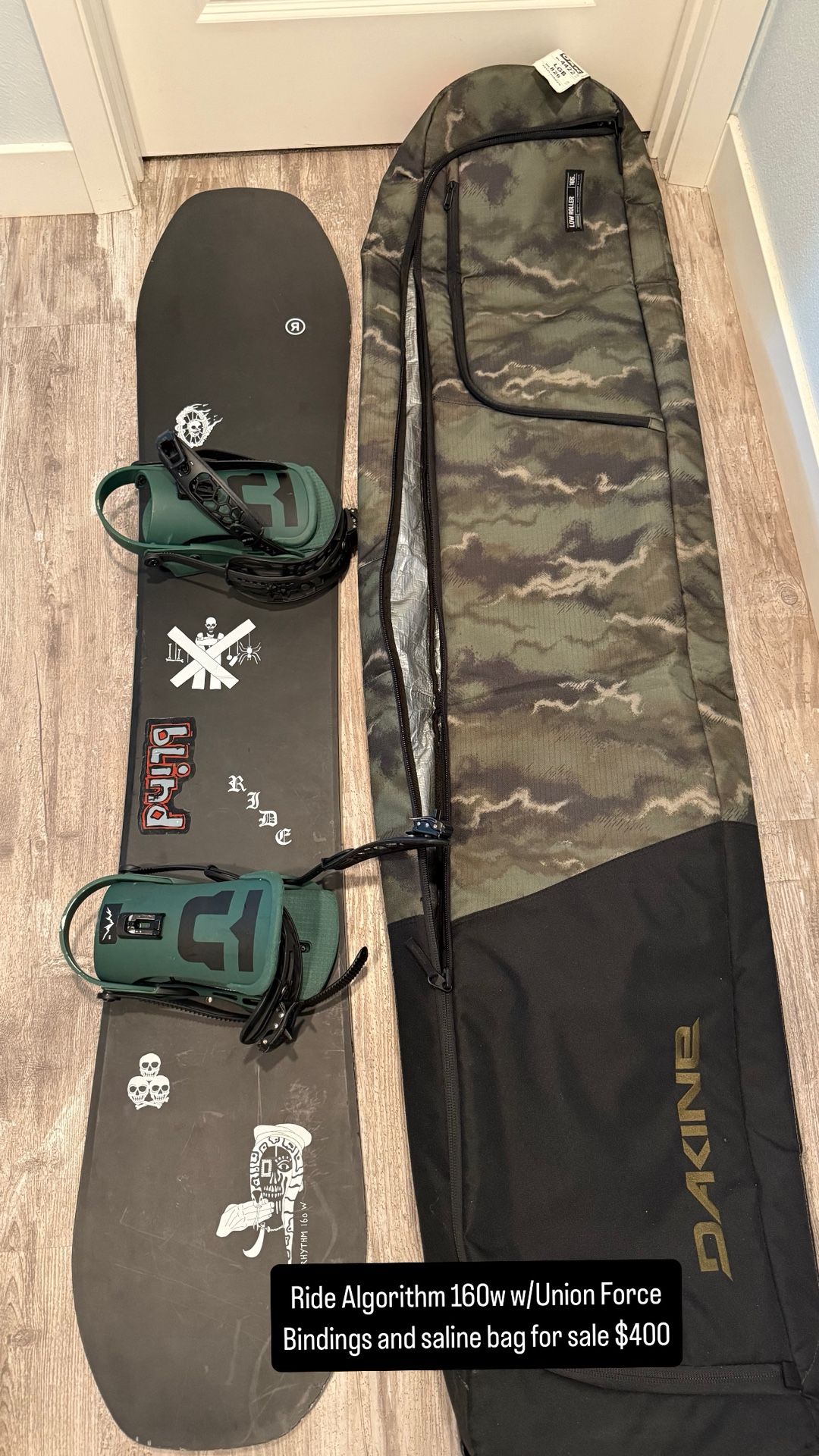 RIDE Algorithm 160W snowboard w/ Union Force Bindings&bag