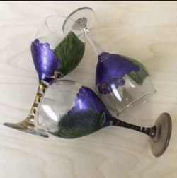 Set of 3 Hand painted Wine Glasses Grape Vine by Florida artist 20 oz (591ml) USA