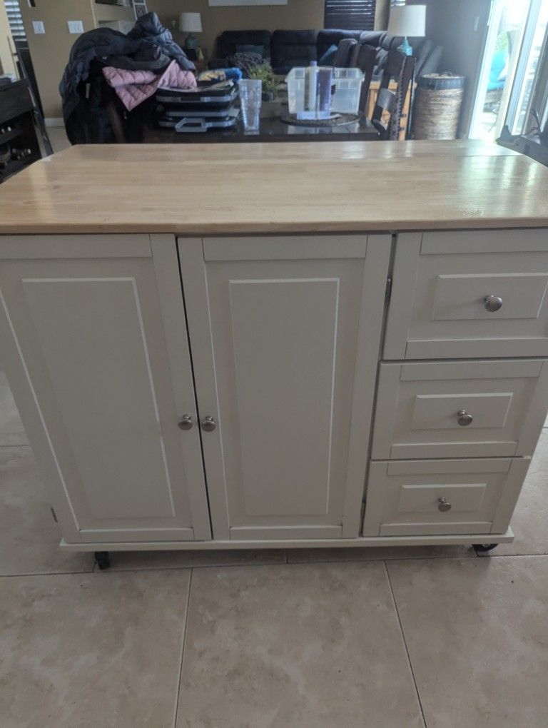 Mobile Kitchen Island Cart with Wood Drop Leaf and Two Stools