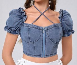 Puff Sleeve Denim Crop Top (Medium)
