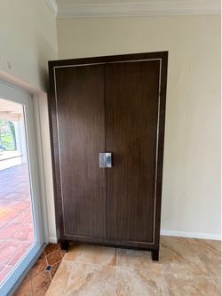 Two Modern Dark Wood Armoire / Storage Cabinet with Shelving