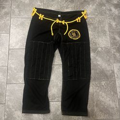 Exercise-Work Out Outfit, Adult 2 Piece Size: 2A, 100% Heavy Cotton, “Old Man Jiu Jitsu, Respect Your Elders” w/ Virgin of Guadalupe on Inner of Coat.