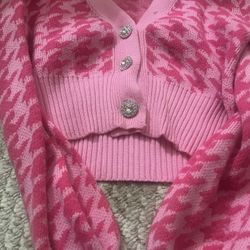 Shein Women’s Pink Cropped Houndstooth  Cardigan With Glam Accents Size Small