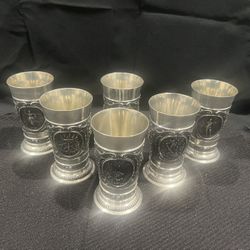 Vintage German Pewter Goblets – Set of 6 – West Germany – Classical Relief Motifs