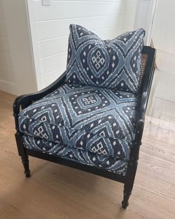 Coastal Modern Cane Accent Chair – Blue/White Ikat Upholstery