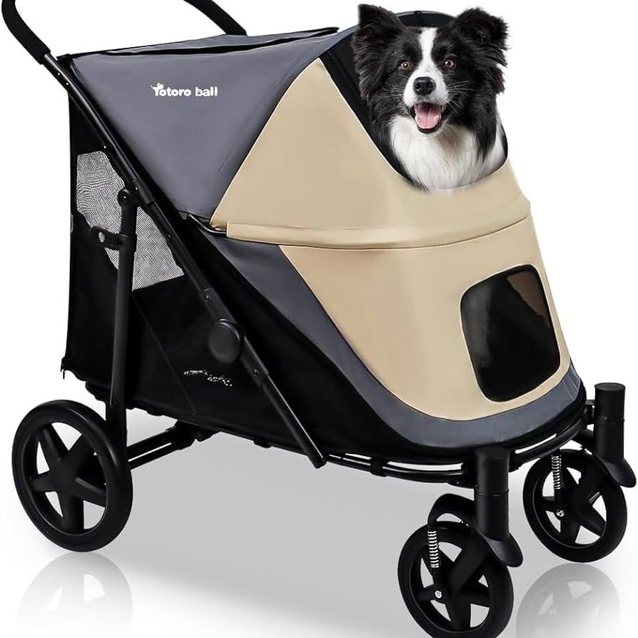 Dog Stroller for Medium/Large Dogs One-Click Folding Totoro ball 4 Wheel Pet Stroller Foldable Dog Stroller for 2 Dogs Jogger Stroller with Storage Po