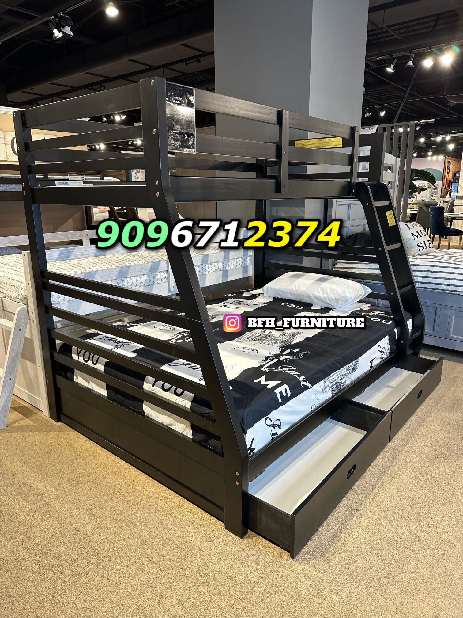 Twin/Full Black Bunk bed w. Drawers & Ortho Mattresses Included