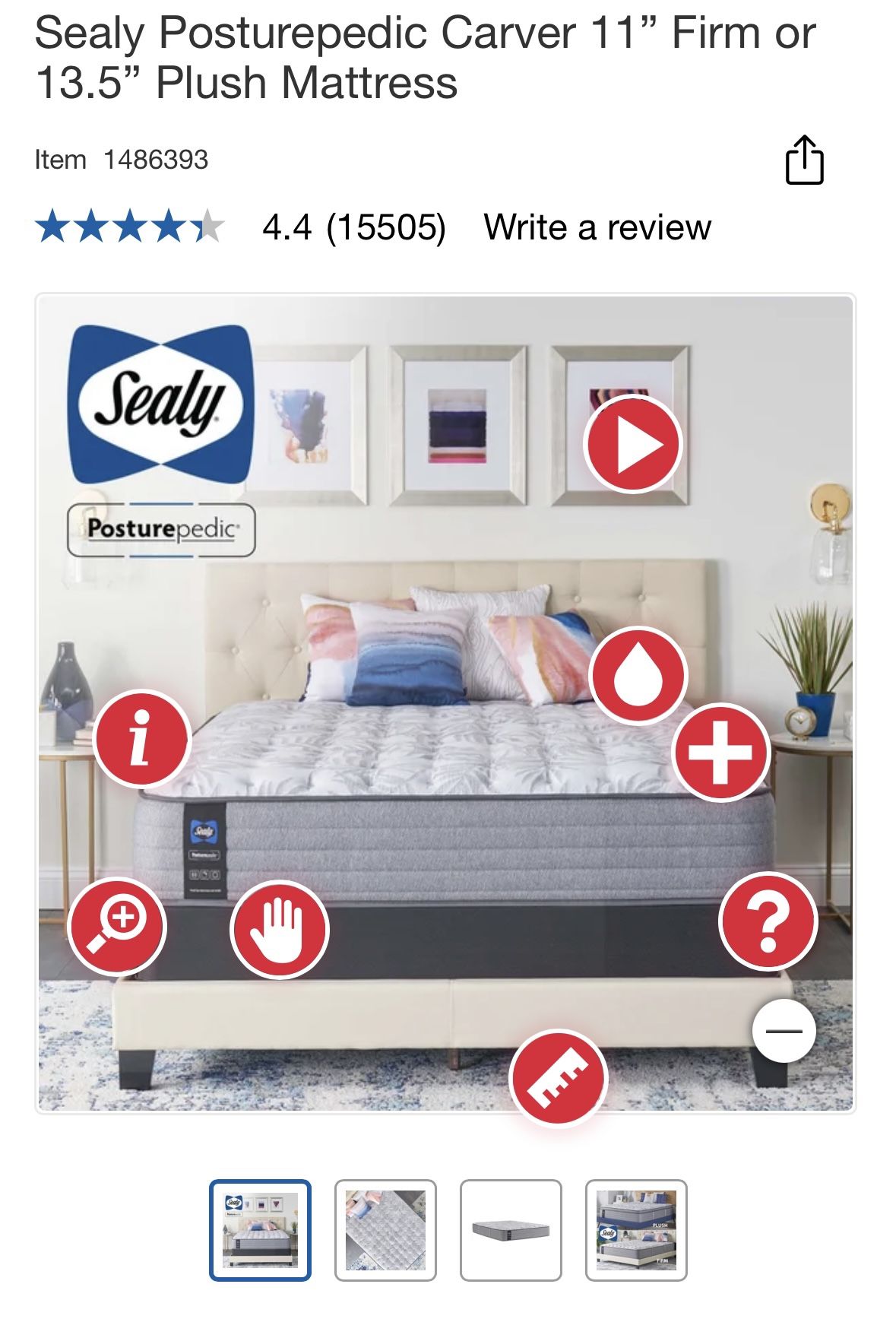  Sealy Posturepedic Carver 11” Firm or 13.5” Plush Mattress, Queen, Firm