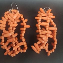 Pink real coral fringe drop earrings, Large, Unique, Vintage