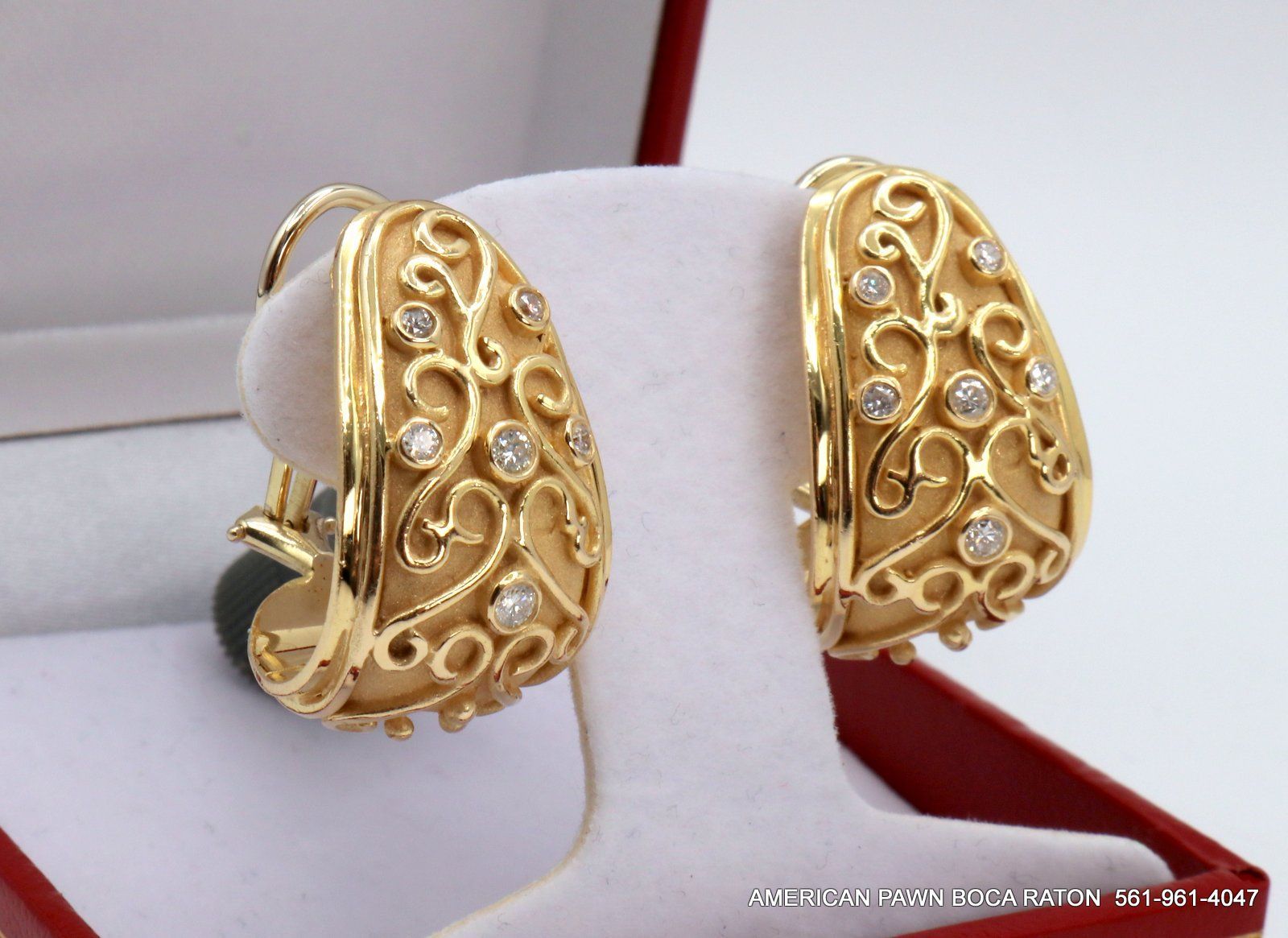 "Garden Gate" J-Hoop Earrings 14K Gold & Diamond Omega Back custom made