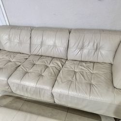 Beige Leather Sofa With Ottoman