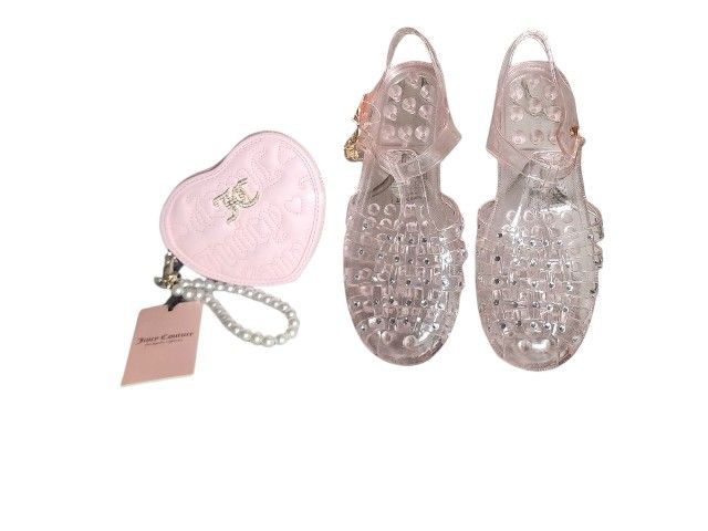 NWT Juicy Couture Pink Jelly Sandals Sz 9 & Pink Heart Pearl Wristlet Wallet Set