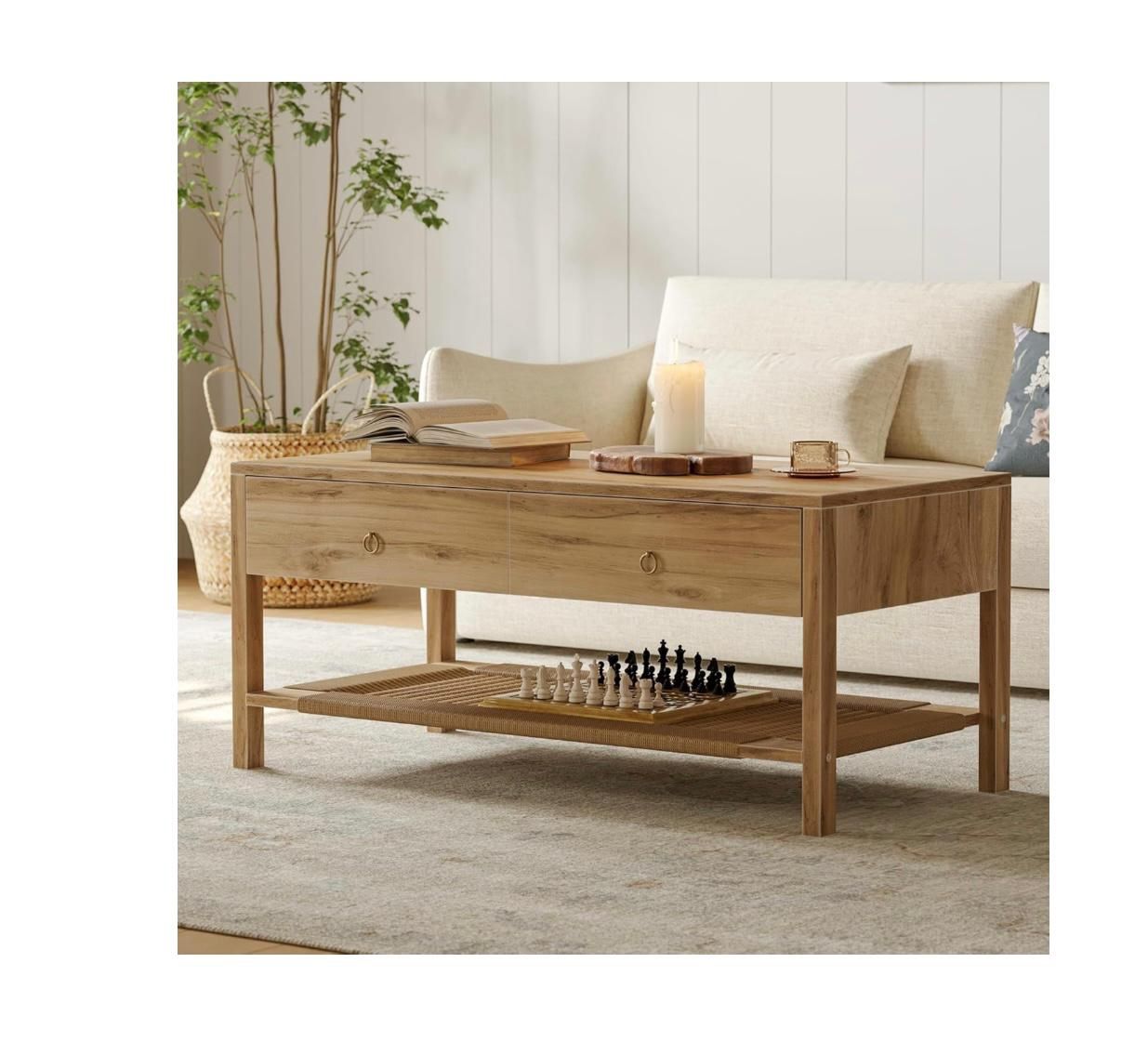 Dowinx Boho Coffee Table with Storage, 42" Wood Coffee Table for Living Room, 2 Storage Drawers and Open Rattan Shelf, Rectangular Living Room Coffee 