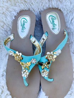 Candies Tiffany Blue Sandals w/Gold Jewels