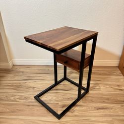 Industrial C-Shape Side Table with Drawer