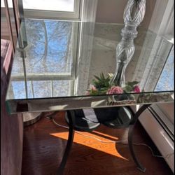 Contemporary silver mirror table, 35x35” and 30” height.