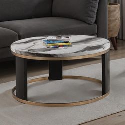 ROUND GOLD BLACK FAUX MARBLE TOP COCKTAIL COFFEE CENTER TABLE