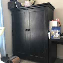 Solid Black Solid Wood Armoire With Shelves & Plenty Of Storage Space For Clothes Etc