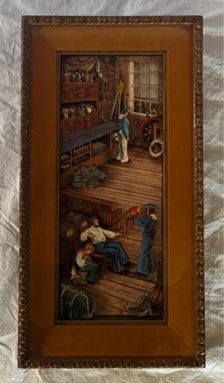 1967 3D Litho Art by C.H. Allard - Sailors w/ Parrot - Wood Frame 10x20”