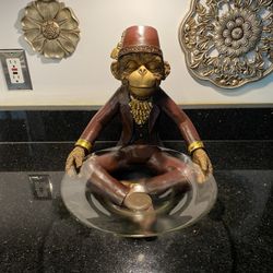 Orangutan Bell Boy Ape in Suit & Fez Sitting with Glass Candy Bowl in Lap 13x13”