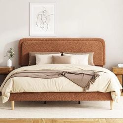 King Size Boucle Bed Frame, Upholstered Platform with Adjustable Headboard, Modern Style, No Box Spring Needed, Easy Assembly, Brown