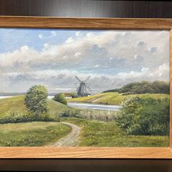 30% Off SALE Oil Painting Countryside landscape, idyllic cottage, windmill, lush meadows, peaceful water, dramatic cloud above, signed, Framed
