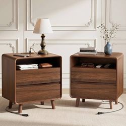 Set of 2,Mid Century Modern Nightstand with Charging Station, Wood Bedroom Nightstands with Drawers, Bedside Table for Living Room, Curved Profile Des