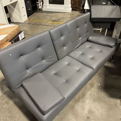 Futon Sofa Bed Modern Folding Futon Set PU Leather Convertible Recliner Lounge for Living Room with 2 Cup Holders, Removable Armrests (PU Leather, Gre