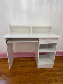 Home Office Wood Computer Desk with Keyboard Tray and Drawers, Students Writing Table with Storage Drawers & Hutch, Modern PC Laptop Desk, Multifuncti