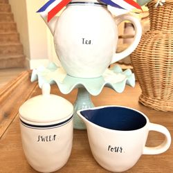 Rae Dunn, Blue Line, Edition Tea, Pot And Sugar And Creamer Set