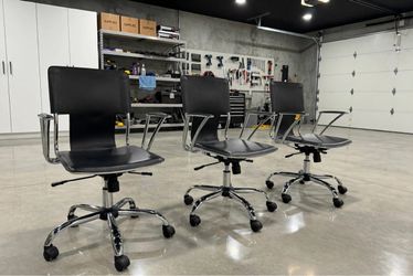 Set of 3 Modern Office Chairs - Black Leather | Chrome - Like New