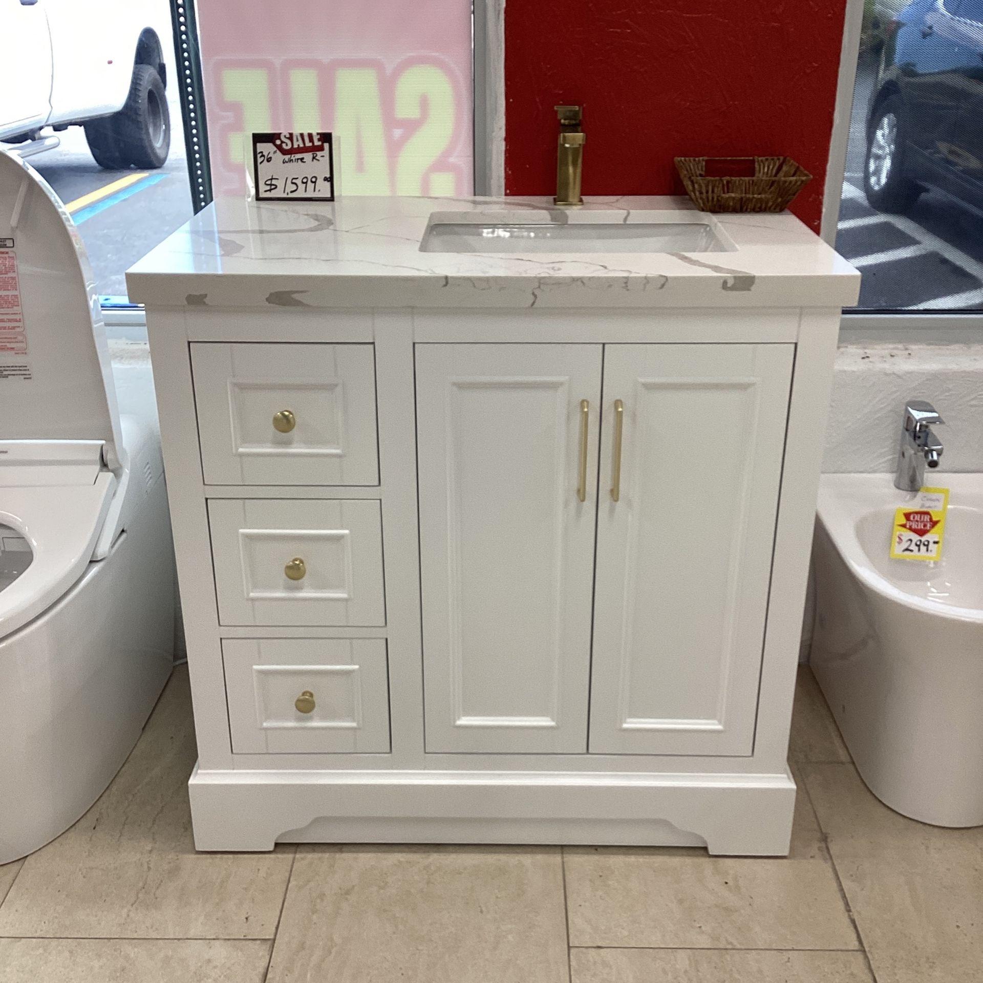 36” White Bathroom Vanity Solid Wood Construction Quartz