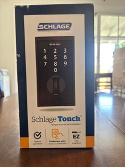 Schlage BE375 Touch keyless touchscreen deadbolt, featuring a matte black finish and a fingerprint-resistant touchscreen.