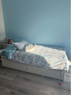 White Twin Size Bed Frame with Storage Drawers Without Headboard, Twin Storage Bed with Drawers