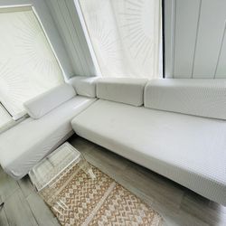 West Elm Tillary Sofa Sectional Set, Off White Suede, 2 Sofas + Matching Backrest + Pillows 
