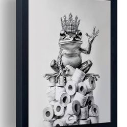 Framed Bathroom Frog King Wall Art -Decor Wall Art – Crowned Frog on Toilet Paper (8”x10”)