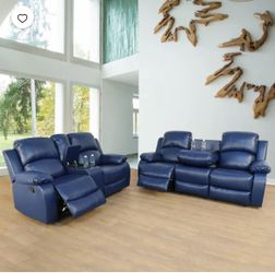 Blue Faux Leather Reclining Sofa and Loveseat Set