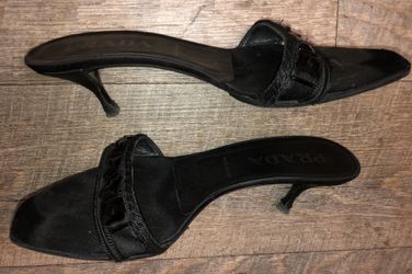 Authentic Prada SIZE 6.5. kitten mules low heel 2.5” black with jewels ORIG PAID $765
